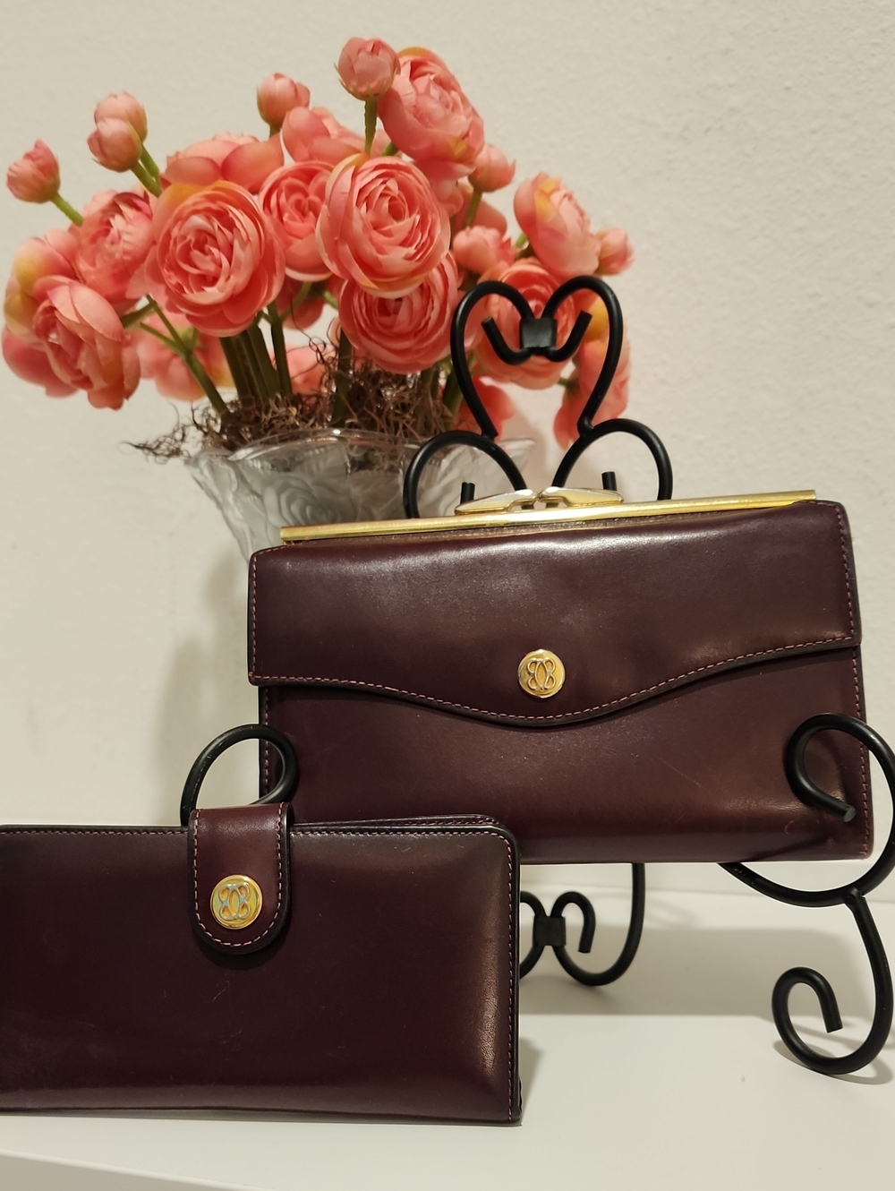 Bosca Vintage Burgundy Leather Wallet Clutch And Card Holder Set - Both Pieces